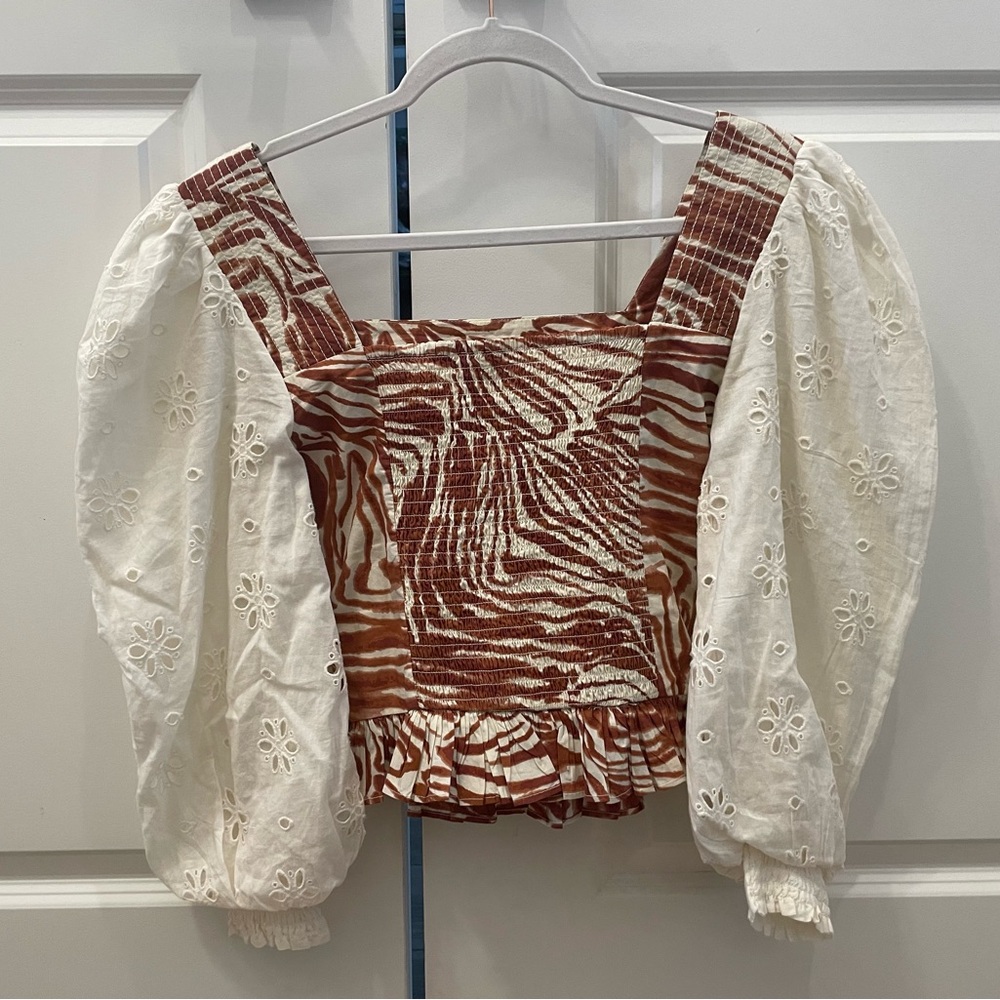 Love The Label Anthropologie Eyelet Boho Smocked Puff Sleeve Blouse - Size XSP